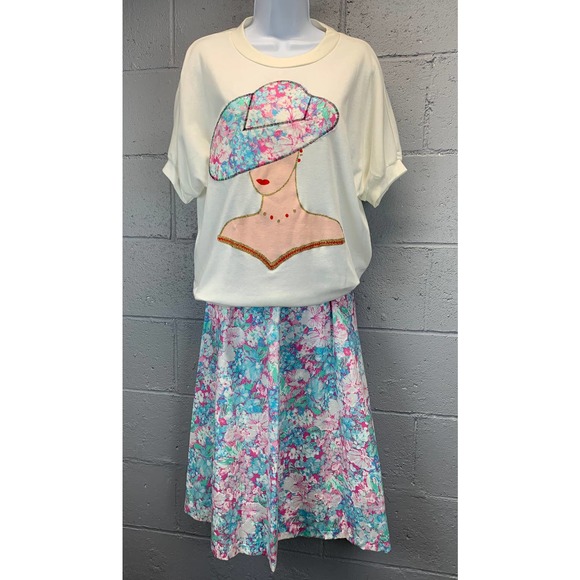 80s 2 piece Pastel Floral Skirt Statement Piece Appliqué New Wave Barbiecore B1 - Picture 9 of 10